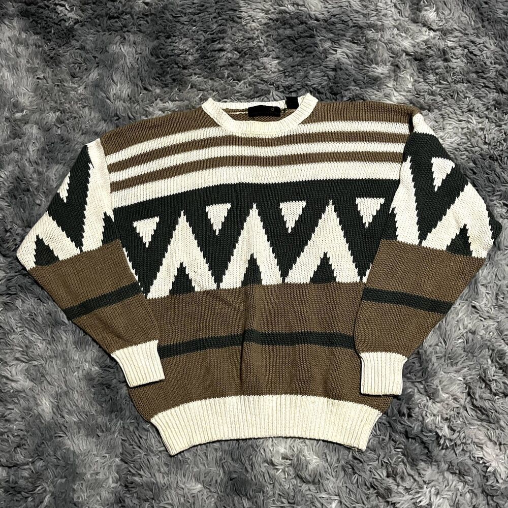 Vintage 90's Hunting Horn Geometric 3D Knit Sweater Size Large Multi-Color